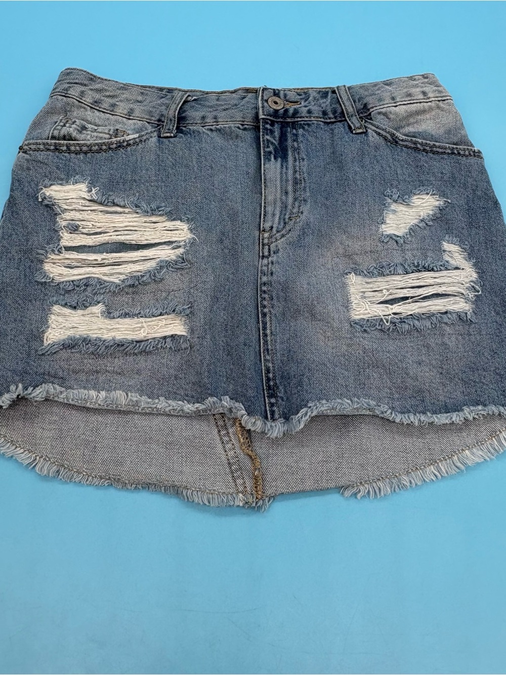 Vanilla Star Juniors Distressed Ripped Denim Mini Skirt Faded Blue Wash Size 7